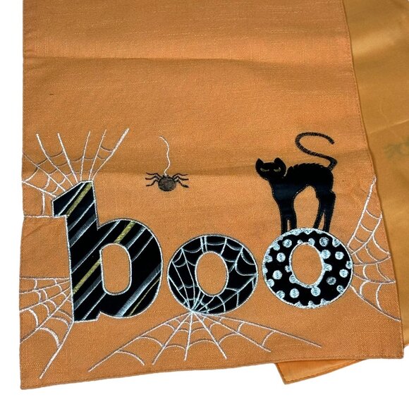 Dining Room Table Runner 68 x 14 Halloween Orange Black Embroidered Cat Spider - Picture 2 of 7